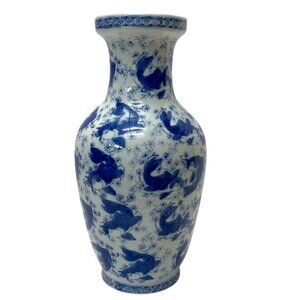 Vintage Chinoiserie Blue and White Koi Vase, 12.5", Porcelain Decor Accent